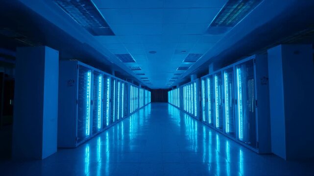 A dim server room glows with blue LED lights, A dark server room with a soft glow from blue LED lights