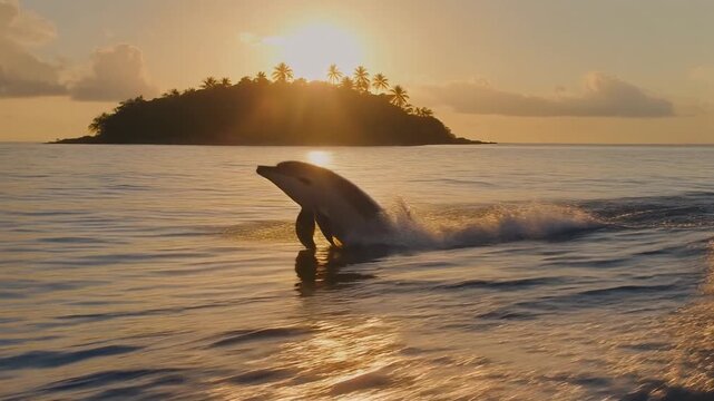 A majestic dolphin jumping from the Pacific ocean waves against a blue nature sky at sunset on the beach