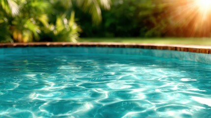 Fototapeta premium A vibrant swimming pool scene capturing the shimmering reflections of sunlight on crystal clear water, surrounded by lush greenery, evoking relaxation and leisure.
