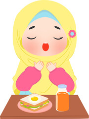 Muslim girl praying before iftar dinner