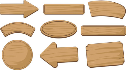Wooden sign shape set, arrow, circle, oval, rectangle, trapezoid, curved design, grain texture, vector, isolated, signage icon