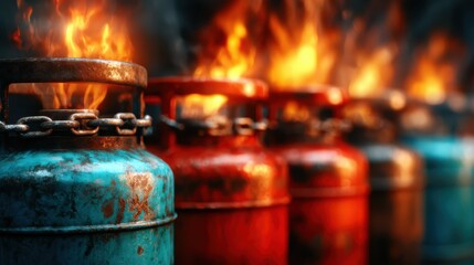 A striking image of colorful gas cylinders in flames highlights industrial themes, capturing the essence of potential danger and the need for safety measures in environments.
