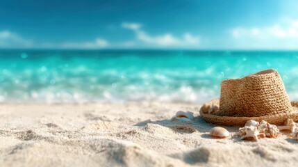 A serene beach scene featuring a straw hat and seashells on the sand conveys a relaxed summer vibe, inviting viewers to enjoy a refreshing escape by the ocean waves.