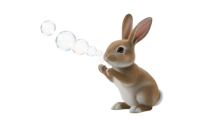 Obraz premium Cute realistic brown rabbit sitting up and blowing small translucent bubbles isolated PNG with Transparent Background