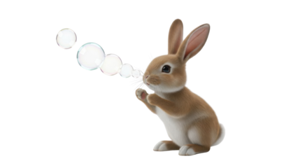 Cute realistic brown rabbit sitting up and blowing small translucent bubbles isolated PNG with Transparent Background