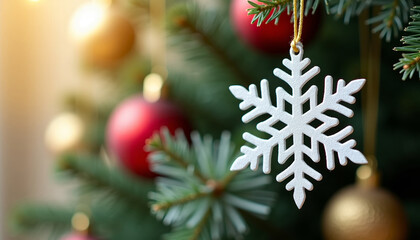 Close-up of a delicate white wooden snowflake ornament hanging by a gold string on a lush green Christmas tree branch, with blurred red and gold balls and warm light in the background.