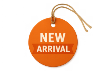 Orange circular new arrival tag featuring a ribbon design, hanging from a string, with a transparent background