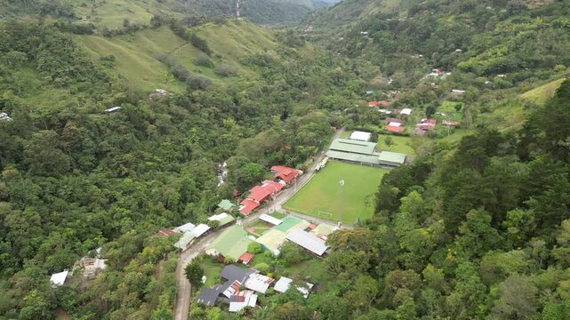 Panoramic view of the town called San Gerardo de Rivas in a rural area with cloud forest surrounded by lush vegetation on the slopes of Chirripo Hill in Costa Rica