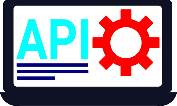 API Integration Graphic: Application Programming Interface, Gear Icon, and Code Representation on Laptop Screen