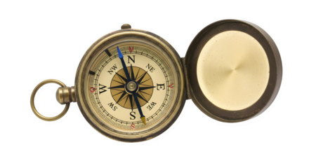 Vintage brass pocket compass with open lid isolated on transparent background