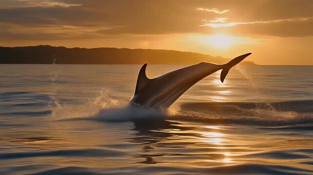 A wild marine mammal dolphin jumping through ocean waves into a golden sunset sky showcasing beautiful nature and sea wildlife