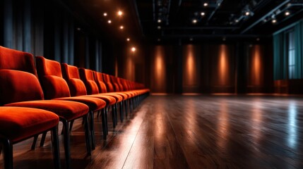 Fototapeta premium An elegant arrangement of empty chairs in a modern venue creates a sophisticated atmosphere, ideal for events, performances, or gatherings awaiting guests.