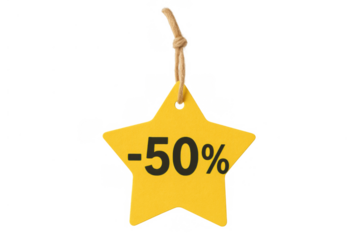 Yellow star item tag showing 50% off for retail promotions during shopping season, offering great deals and savings