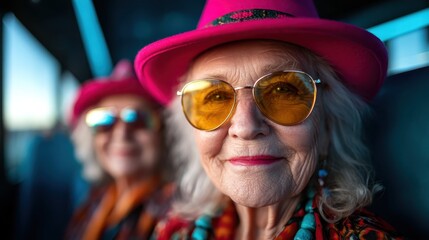 Two stylish older women, both wearing colorful hats and sunglasses, share a joyful moment, highlighting the beauty of friendship and vibrant personal expression.