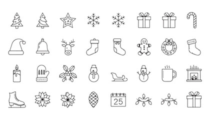 Fototapeta premium Holiday and seasonal line icon set with gift, snowflake and decoration