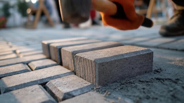 Closeup hammer poised on gray bricks as workers lay a sidewalk under warm afternoon light and dust
