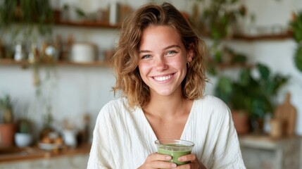 A happy woman enjoys a healthy green smoothie in her cozy kitchen, promoting wellness and vitality as she embraces a nourishing lifestyle filled with fresh ingredients.