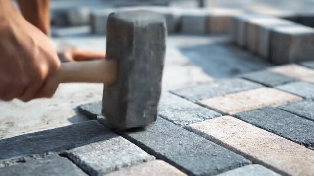 Close-up of one hand, wielding a hammer, striking gray pavers, arranged in neat patterns on pavement