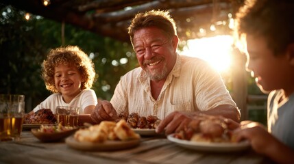A joyful family gathering outdoors, enjoying a delicious meal together, capturing laughter and connection around the table during a sunny afternoon.