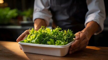 A person s hands hold a tray filled with fresh green salad and herbs