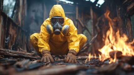 A heroic figure in a yellow protective suit and gas mask, crawling through the aftermath of a fire disaster, symbolizing bravery and the fight against adversity in crisis situations.