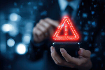 Digital warning sign alert on smartphone screen, cybersecurity threat notification concept. signifying a digital alert or security breach.