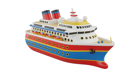 Obraz premium Colorful toy cruise ship model with red, blue, and yellow details isolated on transparent background