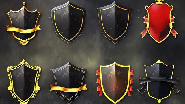 Video A collection of shields with ribbons on a black background, ideal for use in designs and presentations related to awards, recognition, and achievement