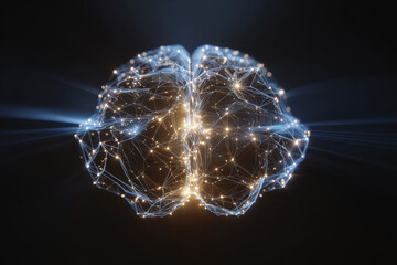 Abstract digital brain network with glowing nodes and connections on a dark background. conceptual visualization represents the intricate network of a human brain, illuminated by glowing nodes.