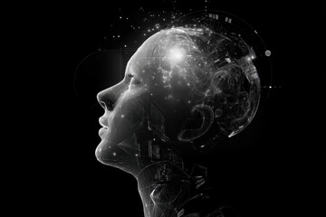 Abstract digital human head profile with glowing neural network and cosmic elements. showcasing intricate digital connections and cosmic dust within its structure.