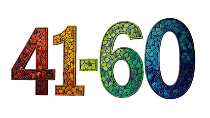 Colorful mosaic numbers 41 to 60 stand vividly against black.
