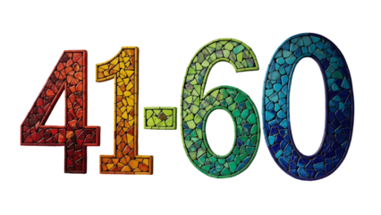 Colorful mosaic numbers 41 to 60 stand vividly against black.