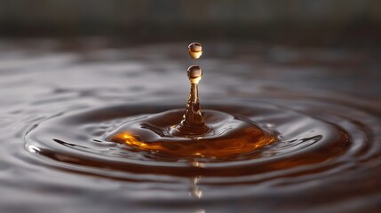 A close up view of amber liquid droplets splashing and creating ripples on the surface
