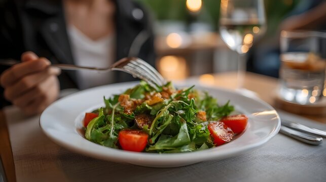 Enjoying a fresh green salad with cherry tomatoes and dressing during a twilight meal at a restaurant with a glass of wine - Powered by Adobe