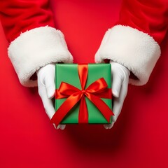 Santa claus hands holding a green gift with red ribbon on red background