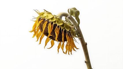 Obraz premium Wilting sunflower with dried petals and bowed head, against white, depicting nature's quiet decline