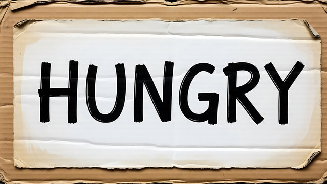 A cardboard sign displaying the word Hungry, indicating a state of hunger or need for food