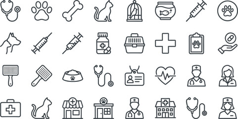 Collection of veterinary and pet care line icons representing animal health services and medical supplies