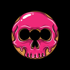 Creepy pink glazed donut skull illustration with dripping icing, edgy sweet treat design