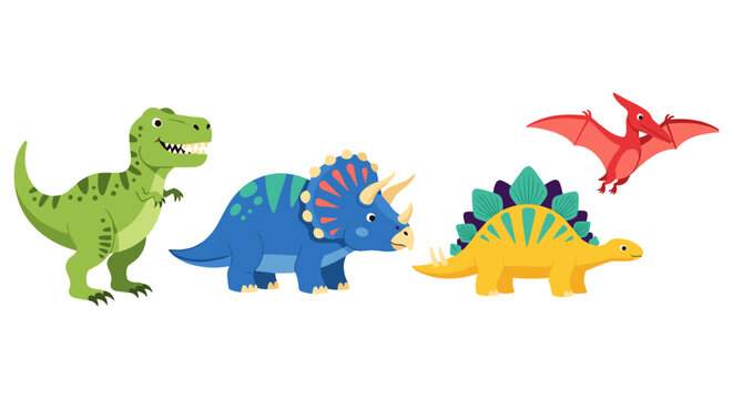 Colorful cartoon dinosaurs: t-rex, triceratops, stegosaurus, pterodactyl in flat design