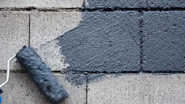 Close-up of a gloved hand rolling dark gray paint onto a rough brick wall with a blue glove clearly