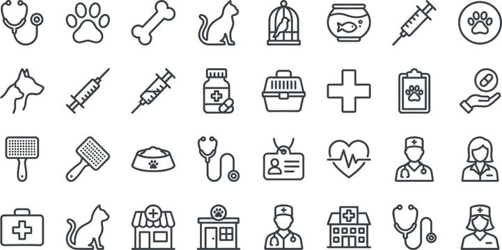 Collection of veterinary and pet care line icons representing animal health services and medical supplies