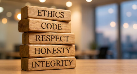 Stacked Wooden Blocks with Key Virtues Ethics Code Respect Honesty and Integrity in a modern office environment