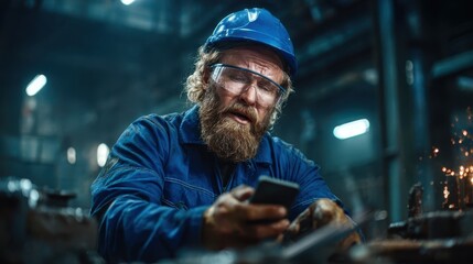 Obraz premium A rugged worker in a blue cap and glasses attentively using a smartphone amidst an industrial backdrop, highlighting the intersection between manual labor and modern technology.