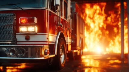 A striking image of a fire truck positioned before a raging blaze, symbolizing bravery and emergency response, serving as a reminder of the courage required in firefighting.
