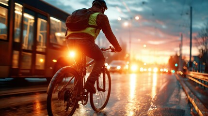 A cyclist maneuvering through a rainy urban street at sunset, illuminated by the warm glow of city lights creating a dynamic and energetic atmosphere of evening life.