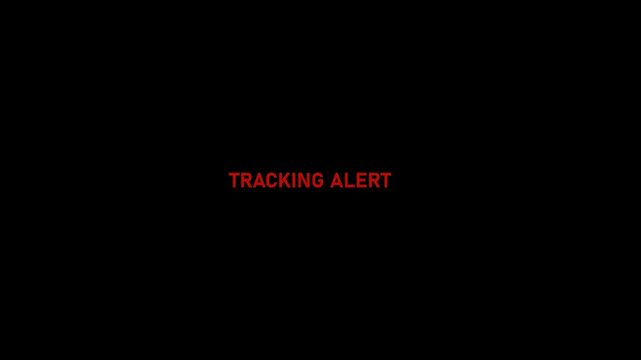 A cybersecurity representation of tracking alert showing digital system vulnerabilities. Tracking alert access private confidential compromised transparent protection icon animation on background.