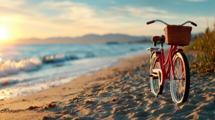 Fototapeta premium A classic bicycle rests against the sandy shore as the sun sets, capturing a moment of tranquility, nostalgia, and the beauty of outdoor adventures by the beach.