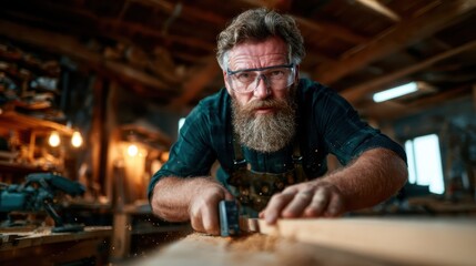 A skilled craftsman is deeply engaged in woodworking tasks, embodying craftsmanship and creativity in a workshop filled with tools, warm lighting, and a sense of dedication.