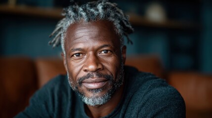 A mature man with graying hair and a beard gazes thoughtfully into the camera, reflecting wisdom and experience in a cozy, rustic setting.